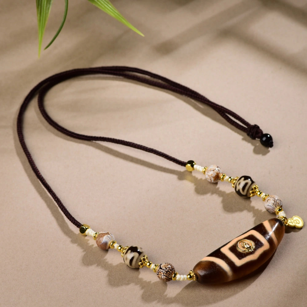 Mulstio 7 Eyed Dzi Bead Agate Necklace Career Empowerment Amulet