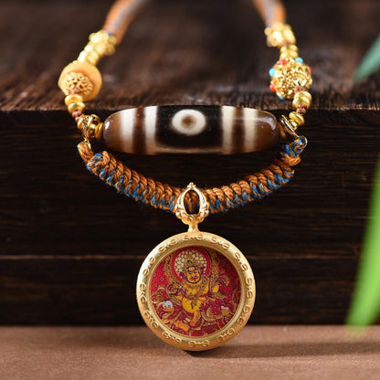 Natural Agate 3-Eye Dzi Bead Necklace - Hand-Woven Tibetan Style Spiritual Amulet with Thangka Pendant