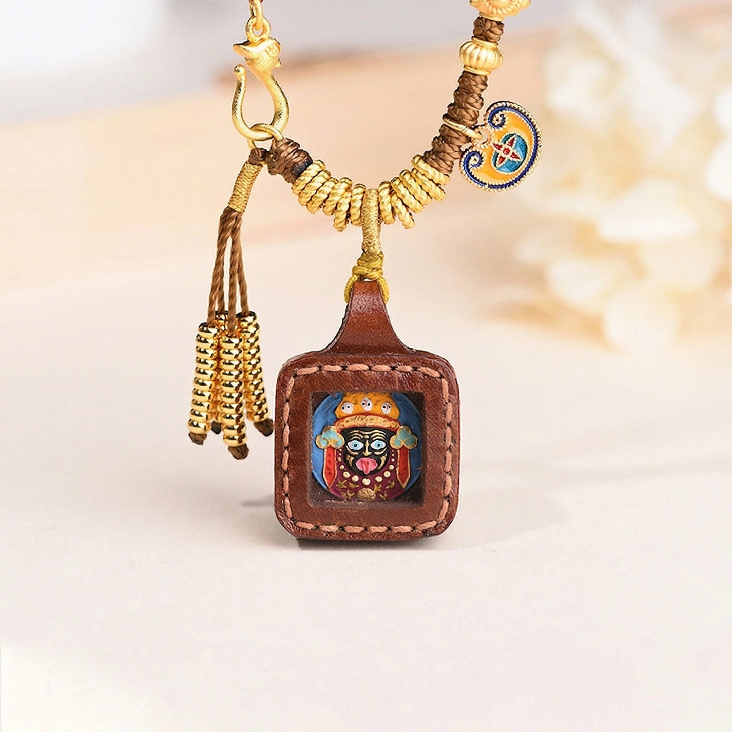 Hand-Woven Copper Enamel Zaki Lhamo Tangka Pendant Necklace – Tibetan Goddess of Fortune for Abundance & Protection