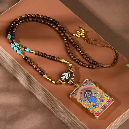 Handcrafted Tibetan Dzi Bead Necklace with Mahakala Thangka Pendant - Empowering Protection Amulet