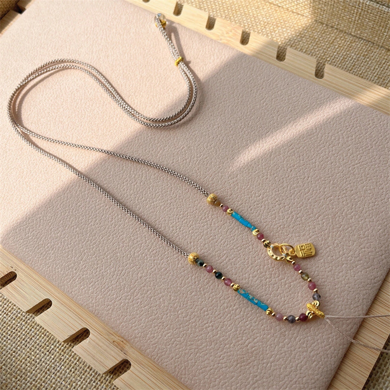 Handmade Woven Necklace Cord with Turquoise and Tourmaline Empowering Amulet String