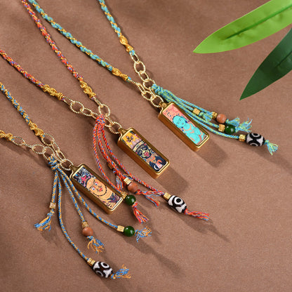 Mulstio Hand-Painted Thangka Empowerment Necklace Artisanal Hand-Woven Protection Amulet with Thangka Art Stone