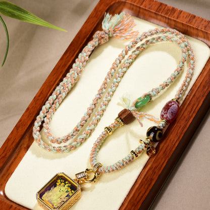 Tibetan Handmade Braided Jade Agate Necklace Cord Nine Tailed Fox Pendant Empowering Amulet