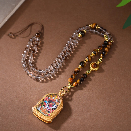 Natural Tiger Eye Crystal Necklace with Tibetan Wealth Goddess Thangka Pendant - Mulstio Empowerment Jewelry