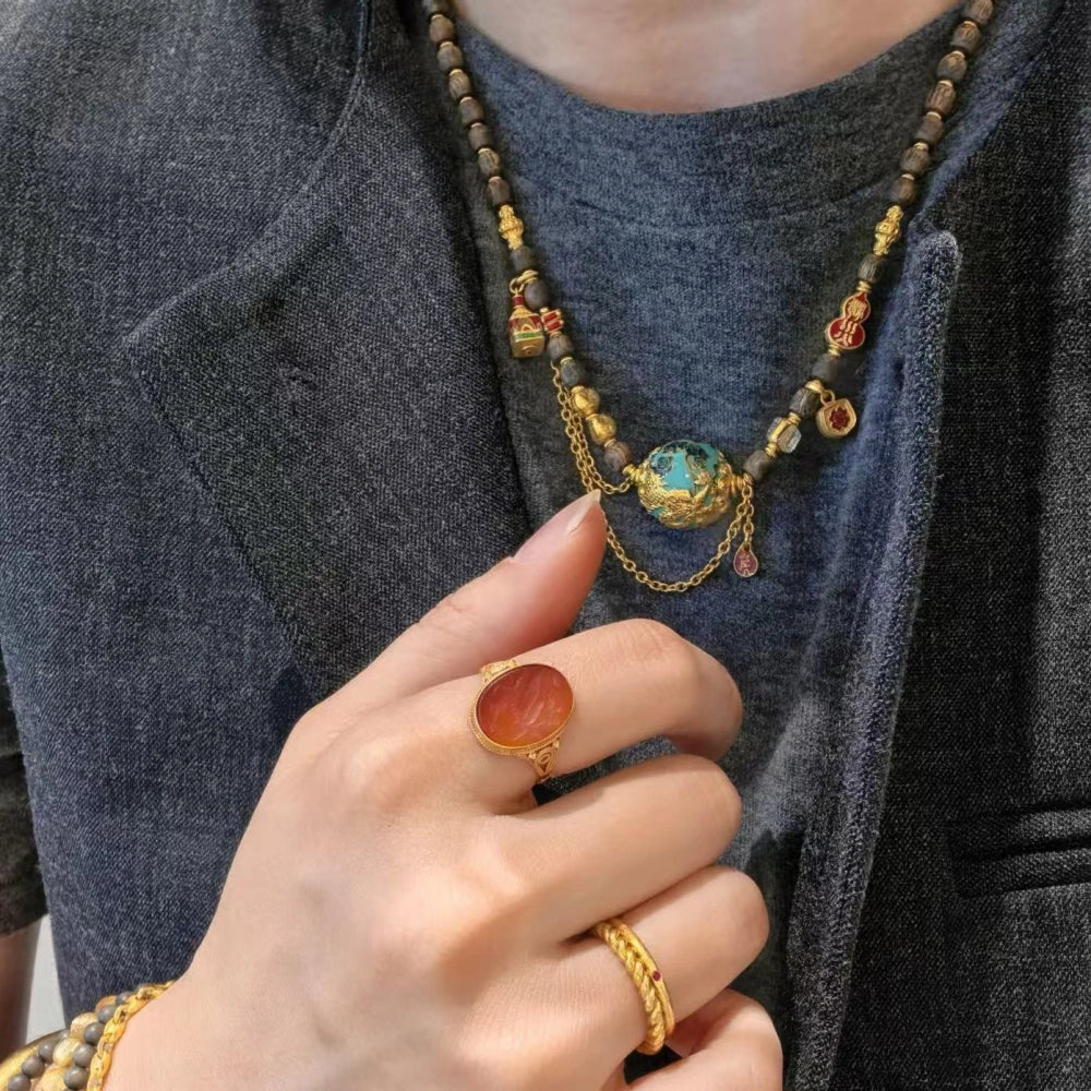Vintage Sandalwood Dragon Bead Necklace Handcrafted Enamel Healing Jewelry for Empowerment