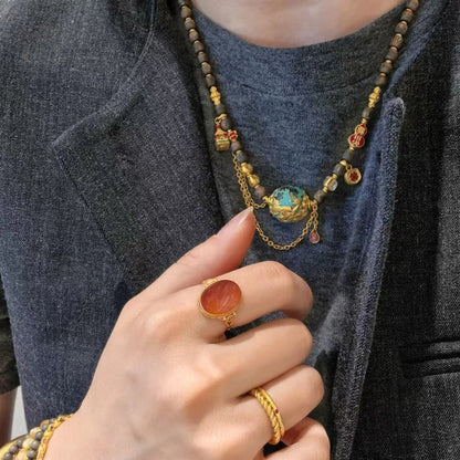 Vintage Sandalwood Dragon Bead Necklace Handcrafted Enamel Healing Jewelry for Empowerment