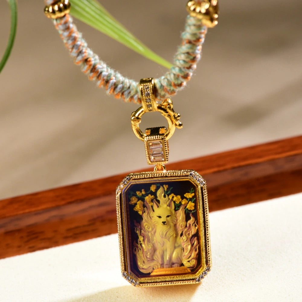 Tibetan Handmade Braided Jade Agate Necklace Cord Nine Tailed Fox Pendant Empowering Amulet