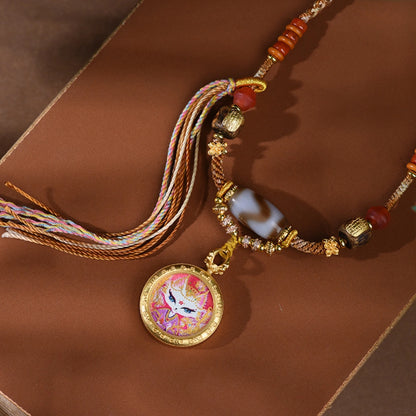 Handmade Tibetan Dzi Bead Fox Pendant Necklace Ethnic Style Healing Amulet for Women Empowerment