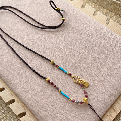 Handmade Woven Necklace Cord with Turquoise and Tourmaline Empowering Amulet String