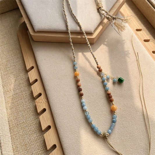 Handwoven Adjustable Pendant Cord Necklace Aquamarine Chalcedony Spiritual Empowerment Jewelry
