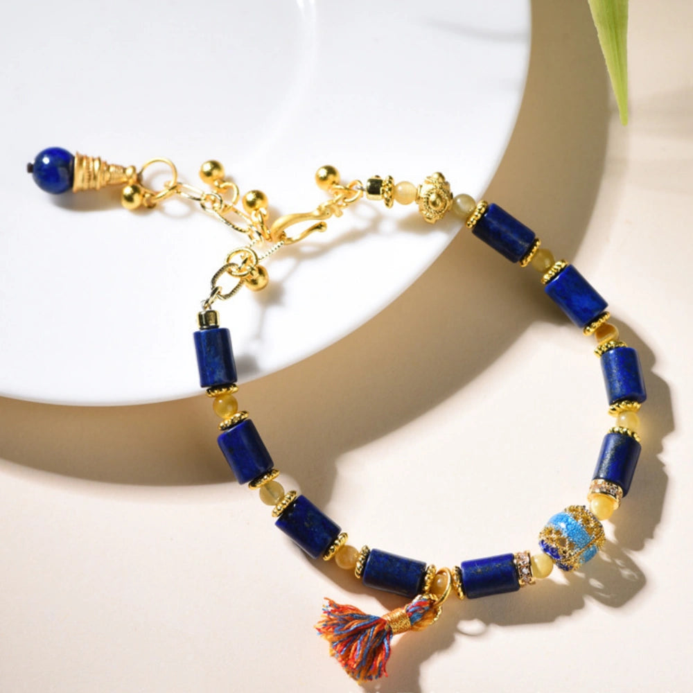 Lapis Lazuli Empowerment Bracelet with Cloisonné Charm for Career Success and Inner Wisdom