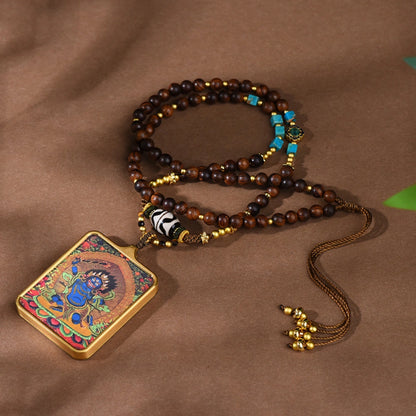 Handcrafted Tibetan Dzi Bead Necklace with Mahakala Thangka Pendant - Empowering Protection Amulet