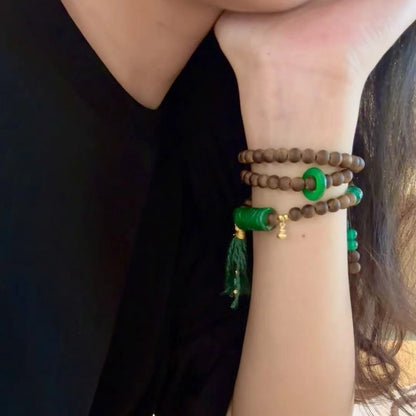 Modern Chinese Sandalwood Necklace with Green Jade Beads for Inner Peace and Success Empowerment