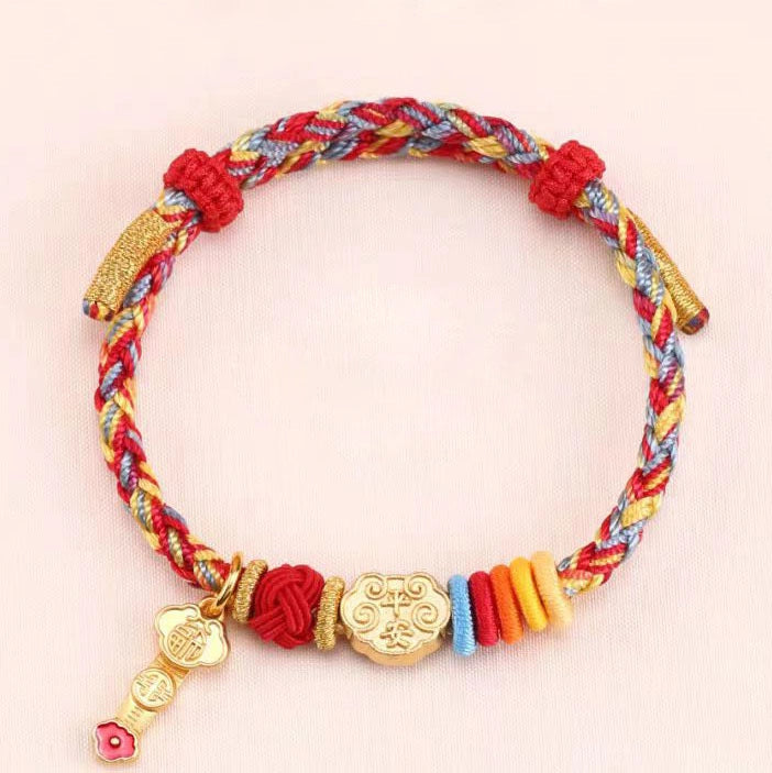 Oriental Knot of Destiny Bracelet - Handcrafted Five-Element Weave with Ancient Gold Charm