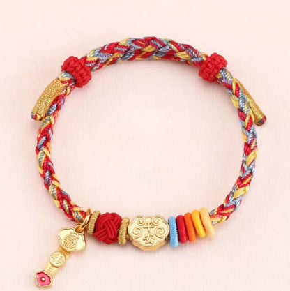 Oriental Knot of Destiny Bracelet - Handcrafted Five-Element Weave with Ancient Gold Charm