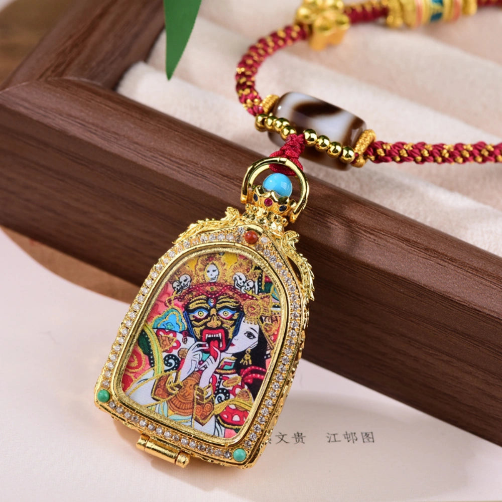 Tibetan Zaki Lhamo Thangka Necklace with Tiger Tooth Agate Dzi Bead for Prosperity and Female Empowerment