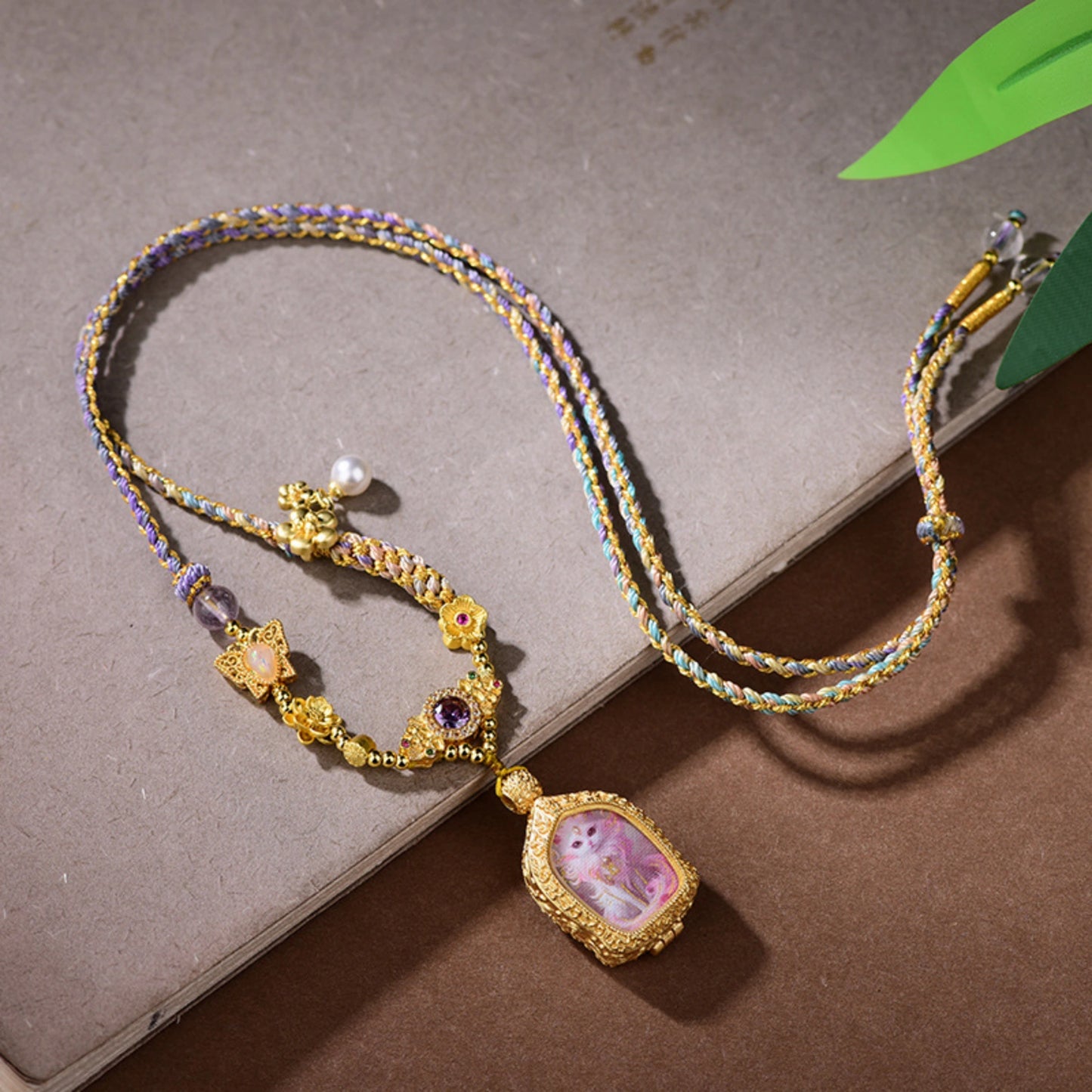 Handmade Braided Thangka Fox Spirit Necklace with Amethyst and Pearl Accents for Wisdom and Charisma