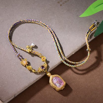 Handmade Braided Thangka Fox Spirit Necklace with Amethyst and Pearl Accents for Wisdom and Charisma