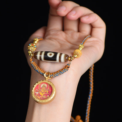 Natural Agate 3-Eye Dzi Bead Necklace - Hand-Woven Tibetan Style Spiritual Amulet with Thangka Pendant