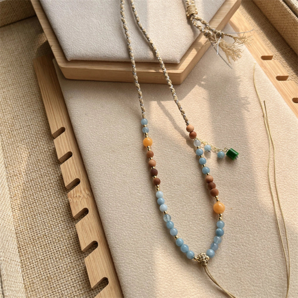 Mulstio Hand Woven Beaded Sweater Necklace Natural Wood Grounding Totem Pendant Rope Spiritual Empowerment Jewelry for Women