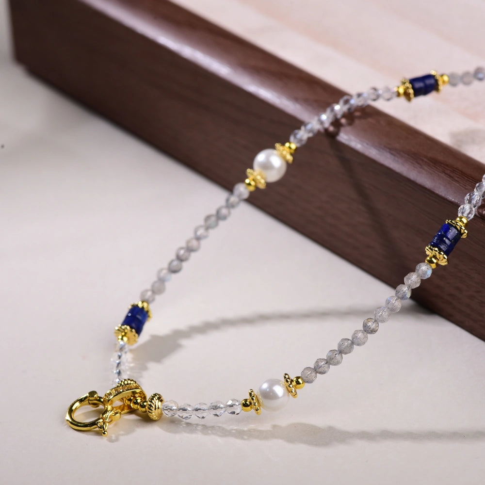 Mulstio Natural Moonstone Pearl Lapis Lazuli Necklace Intuition Awakening Empowering Jewelry for Women