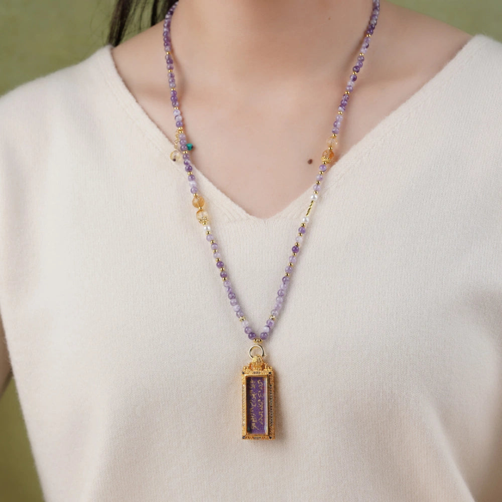 Mulstio Period 9 Feng Shui Amethyst Citrine Thangka Pendant Necklace Wealth Manifestation Spiritual Empowerment