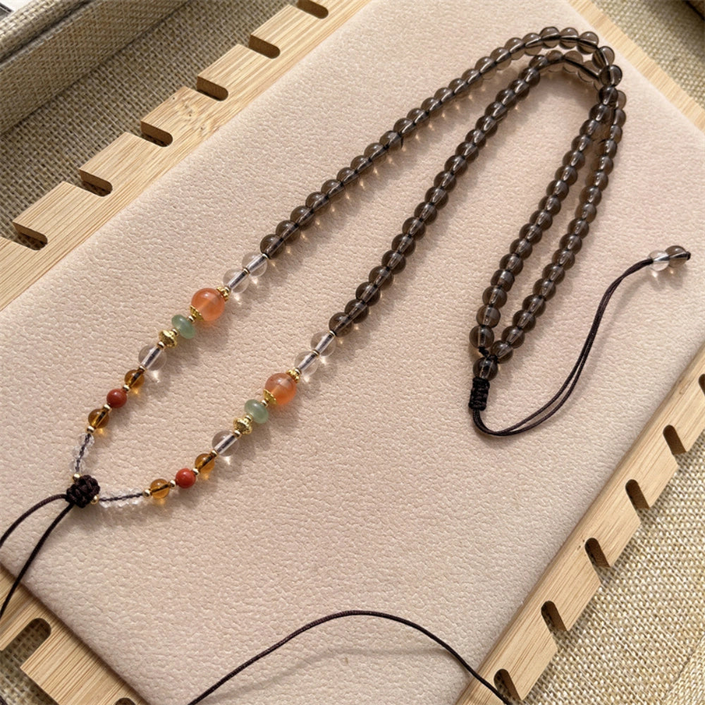 Smoky Quartz Crystal Beaded Necklace Cord Protection Amulet Handwoven Gemstone Pendant Chain for Grounding Manifestation
