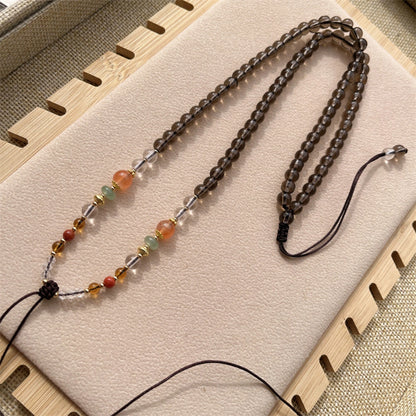 Smoky Quartz Crystal Beaded Necklace Cord Protection Amulet Handwoven Gemstone Pendant Chain for Grounding Manifestation