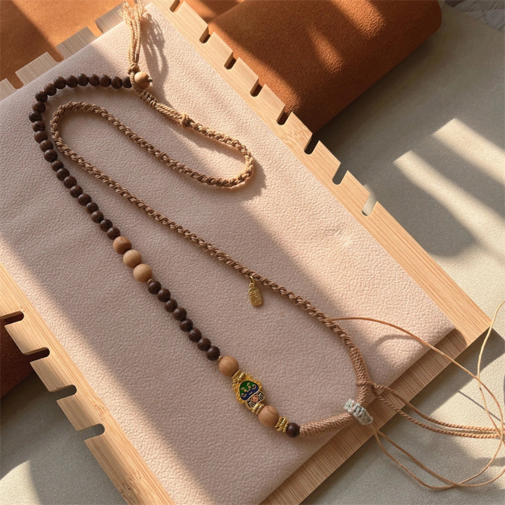 Mulstio Hand Woven Beaded Sweater Necklace Natural Wood Grounding Totem Pendant Rope Spiritual Empowerment Jewelry for Women