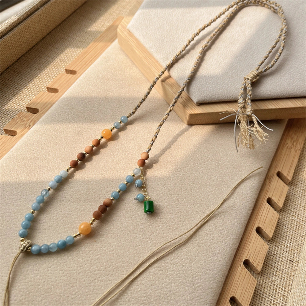 Handwoven Adjustable Pendant Cord Necklace Aquamarine Chalcedony Spiritual Empowerment Jewelry