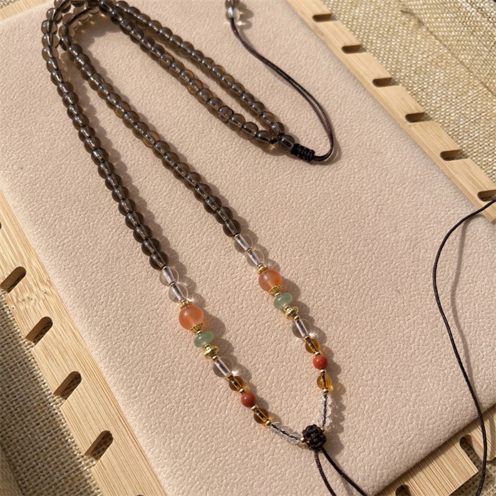 Smoky Quartz Crystal Beaded Necklace Cord Protection Amulet Handwoven Gemstone Pendant Chain for Grounding Manifestation