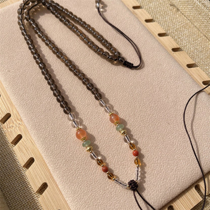 Smoky Quartz Crystal Beaded Necklace Cord Protection Amulet Handwoven Gemstone Pendant Chain for Grounding Manifestation