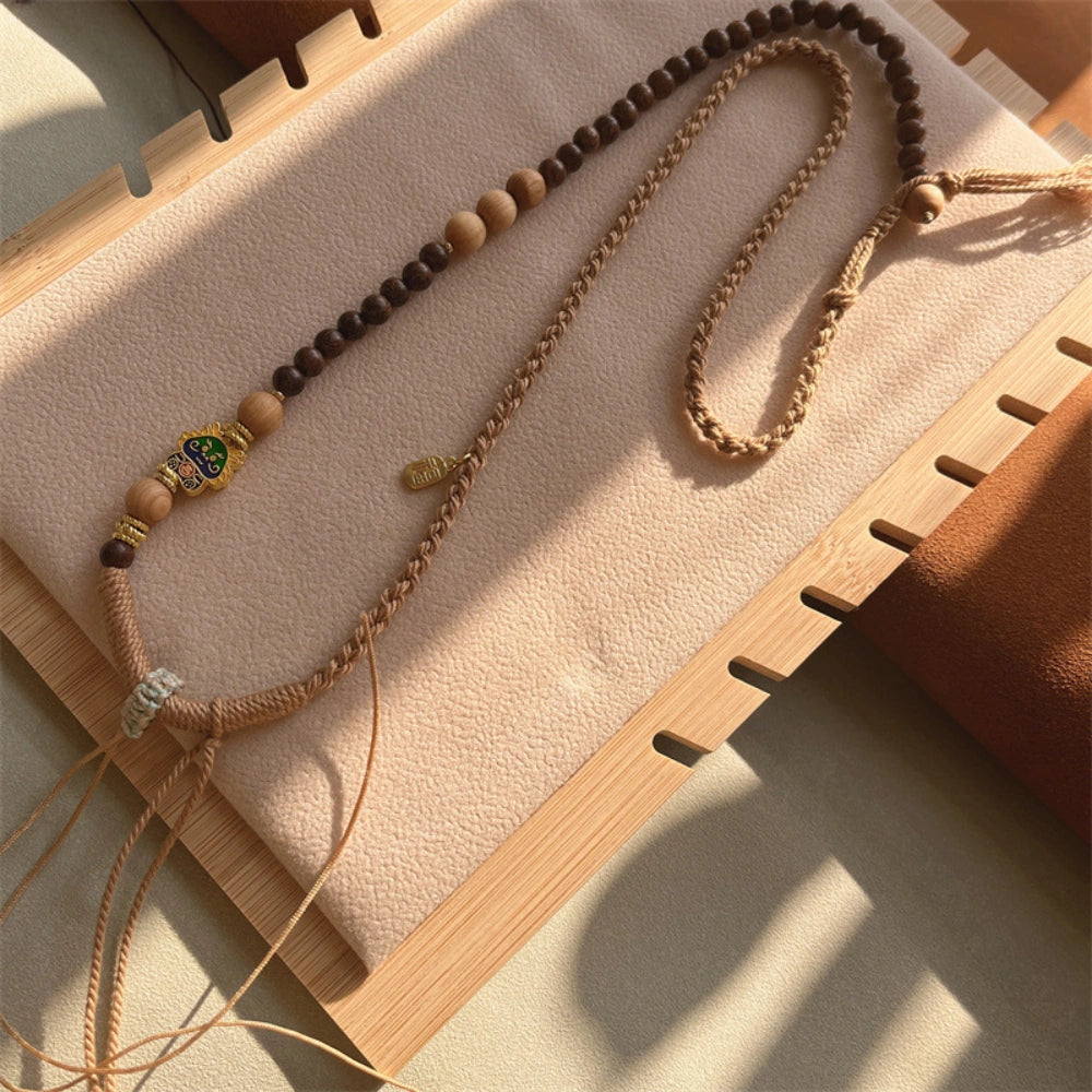 Mulstio Hand Woven Beaded Sweater Necklace Natural Wood Grounding Totem Pendant Rope Spiritual Empowerment Jewelry for Women