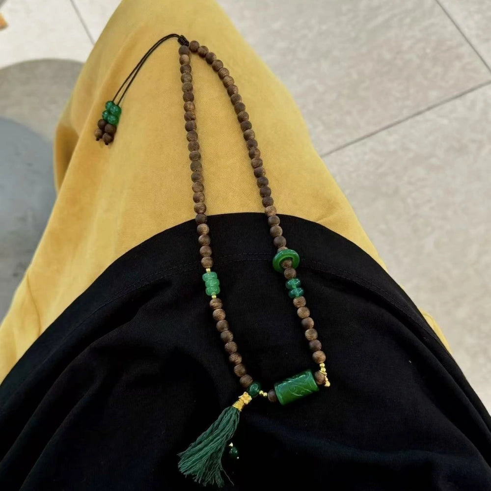 Modern Chinese Sandalwood Necklace with Green Jade Beads for Inner Peace and Success Empowerment