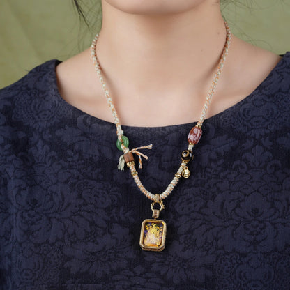 Tibetan Handmade Braided Jade Agate Necklace Cord Nine Tailed Fox Pendant Empowering Amulet