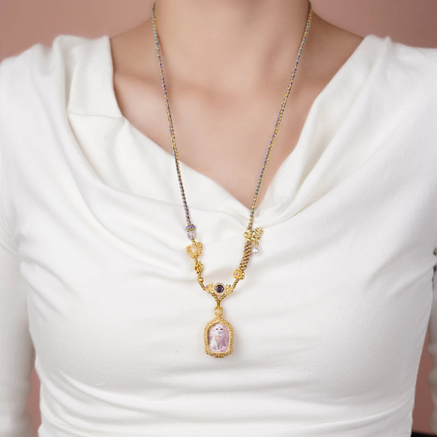 Handmade Braided Thangka Fox Spirit Necklace with Amethyst and Pearl Accents for Wisdom and Charisma
