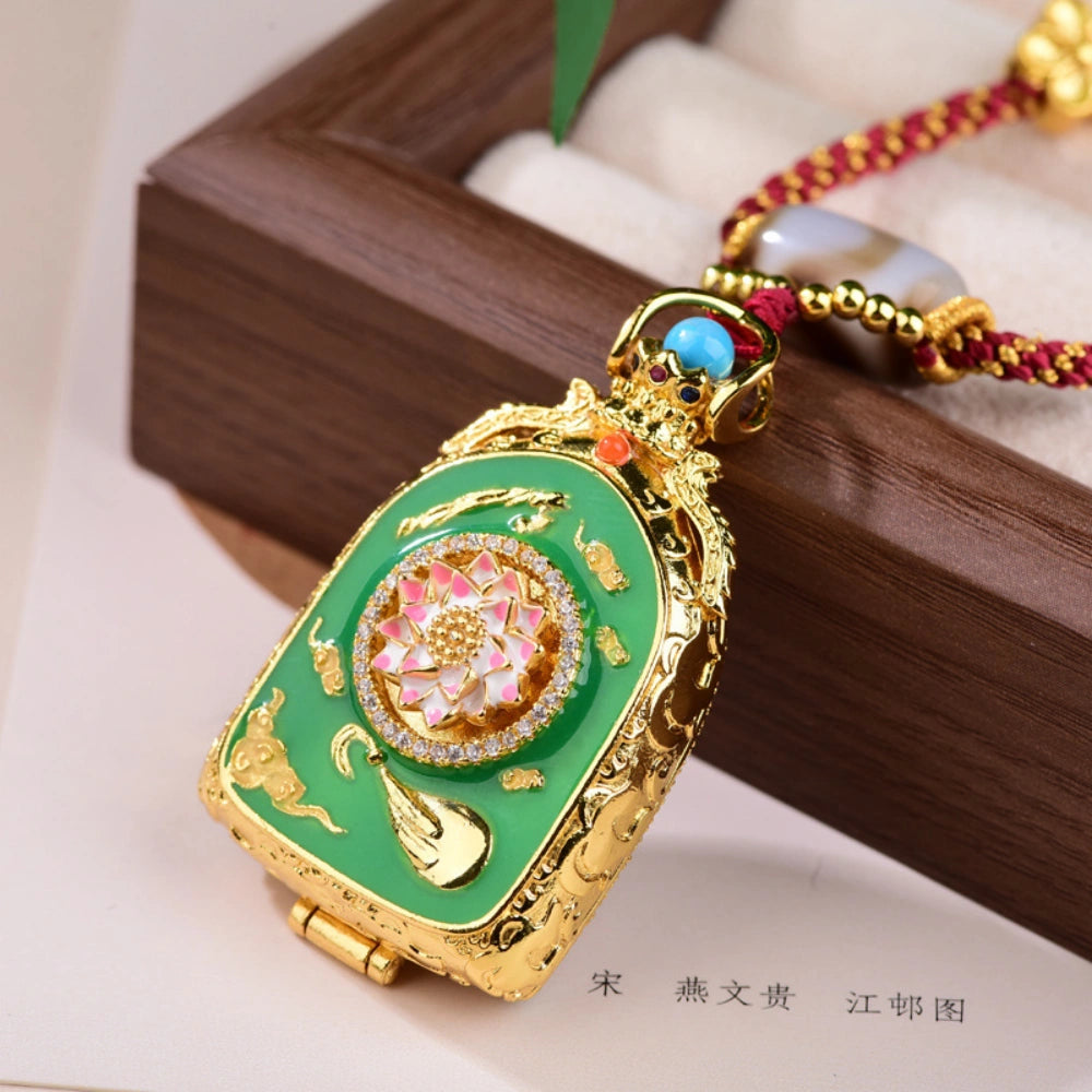 Tibetan Zaki Lhamo Thangka Necklace with Tiger Tooth Agate Dzi Bead for Prosperity and Female Empowerment