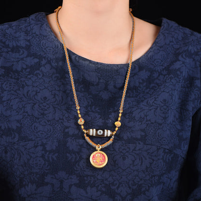 Natural Agate 3-Eye Dzi Bead Necklace - Hand-Woven Tibetan Style Spiritual Amulet with Thangka Pendant
