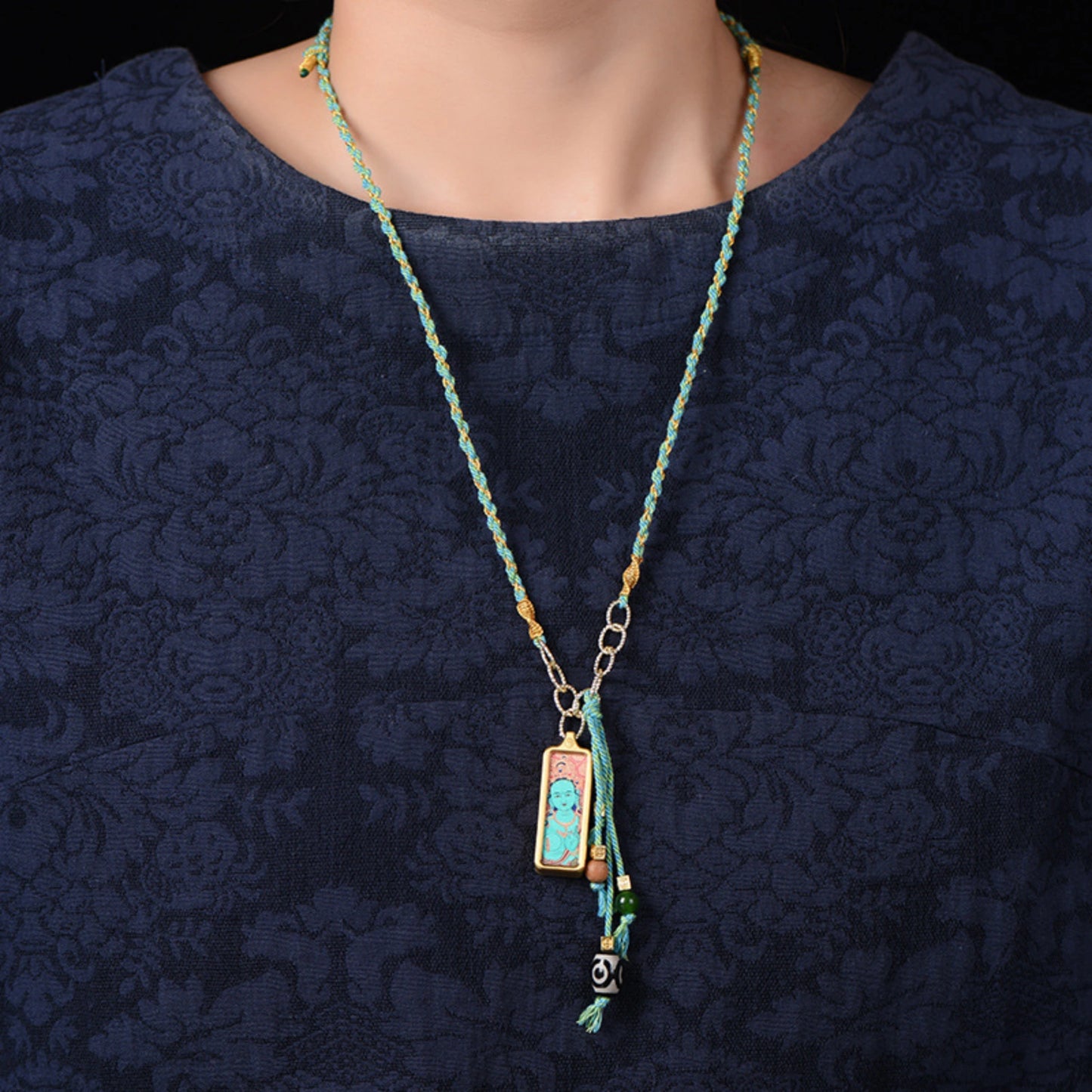 Mulstio Hand-Painted Thangka Empowerment Necklace Artisanal Hand-Woven Protection Amulet with Thangka Art Stone