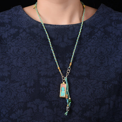 Mulstio Hand-Painted Thangka Empowerment Necklace Artisanal Hand-Woven Protection Amulet with Thangka Art Stone