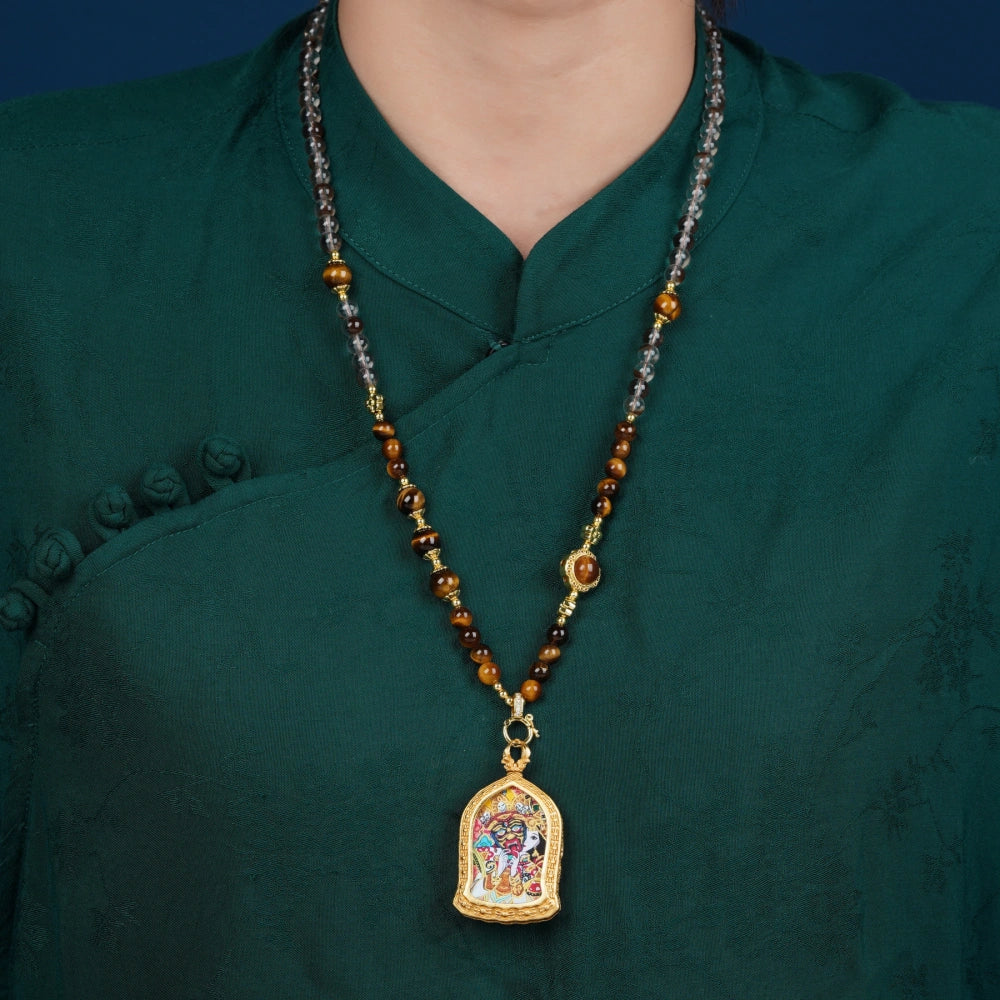 Natural Tiger Eye Crystal Necklace with Tibetan Wealth Goddess Thangka Pendant - Mulstio Empowerment Jewelry
