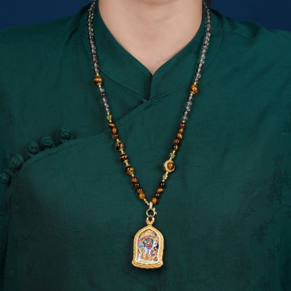 Natural Tiger Eye Crystal Necklace with Tibetan Wealth Goddess Thangka Pendant - Mulstio Empowerment Jewelry