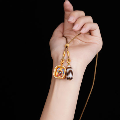 Hand-Painted Zaki Lhamo Thangka & Agate Dzi Bead Necklace - Tibetan Style Spiritual Amulet for Wealth and Protection
