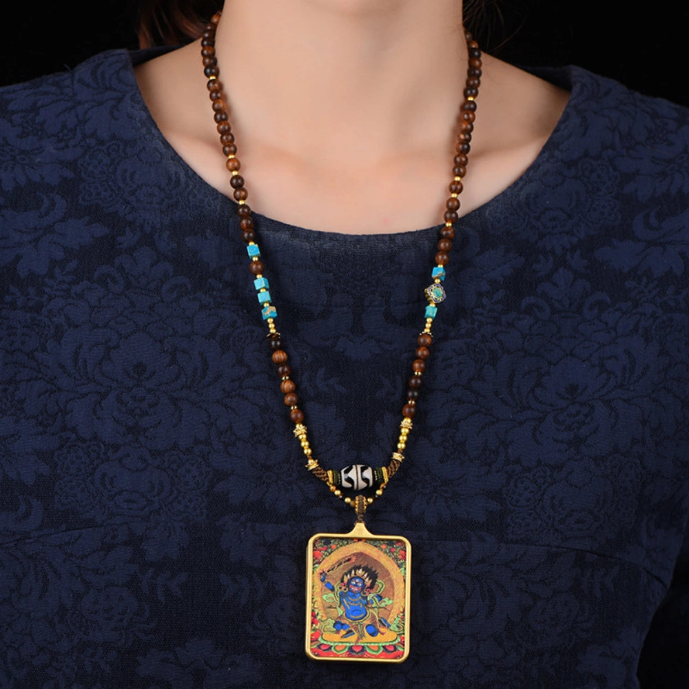Handcrafted Tibetan Dzi Bead Necklace with Mahakala Thangka Pendant - Empowering Protection Amulet