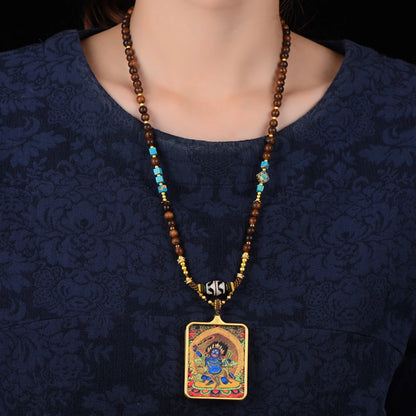 Handcrafted Tibetan Dzi Bead Necklace with Mahakala Thangka Pendant - Empowering Protection Amulet