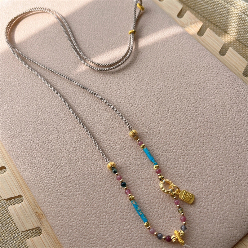 Handmade Woven Necklace Cord with Turquoise and Tourmaline Empowering Amulet String