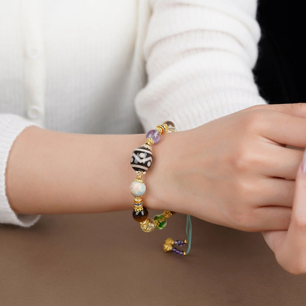 Mulstio Sacred Dzi Bead Multi Gemstone Empowerment Bracelet with Amethyst and Tiger Eye for Inner Balance