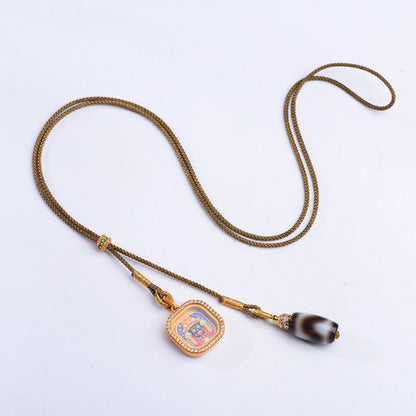 Hand-Painted Zaki Lhamo Thangka & Agate Dzi Bead Necklace - Tibetan Style Spiritual Amulet for Wealth and Protection