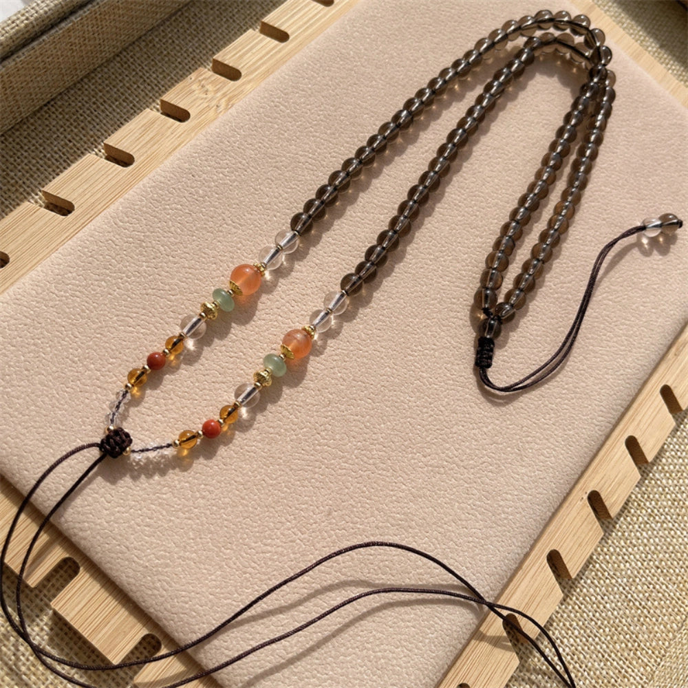 Smoky Quartz Crystal Beaded Necklace Cord Protection Amulet Handwoven Gemstone Pendant Chain for Grounding Manifestation