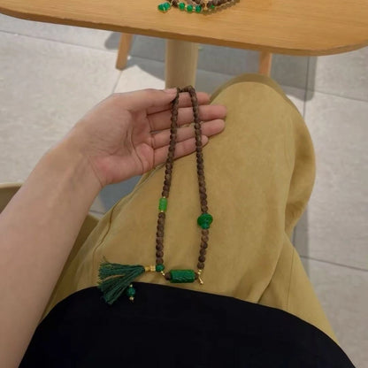 Modern Chinese Sandalwood Necklace with Green Jade Beads for Inner Peace and Success Empowerment